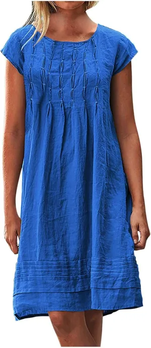 hlysgo Womens Casual Dresses 2025 Summer Loose Comfy Cotton Linen Pleated Dress Solid Short Sleeve Crew Neck Mini Dress