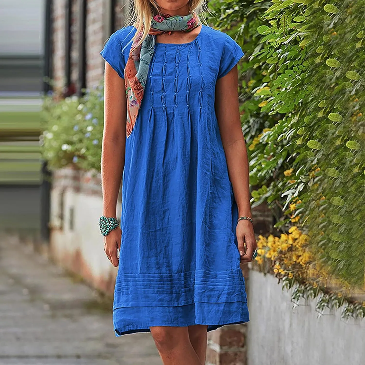 hlysgo Womens Casual Dresses 2025 Summer Loose Comfy Cotton Linen Pleated Dress Solid Short Sleeve Crew Neck Mini Dress