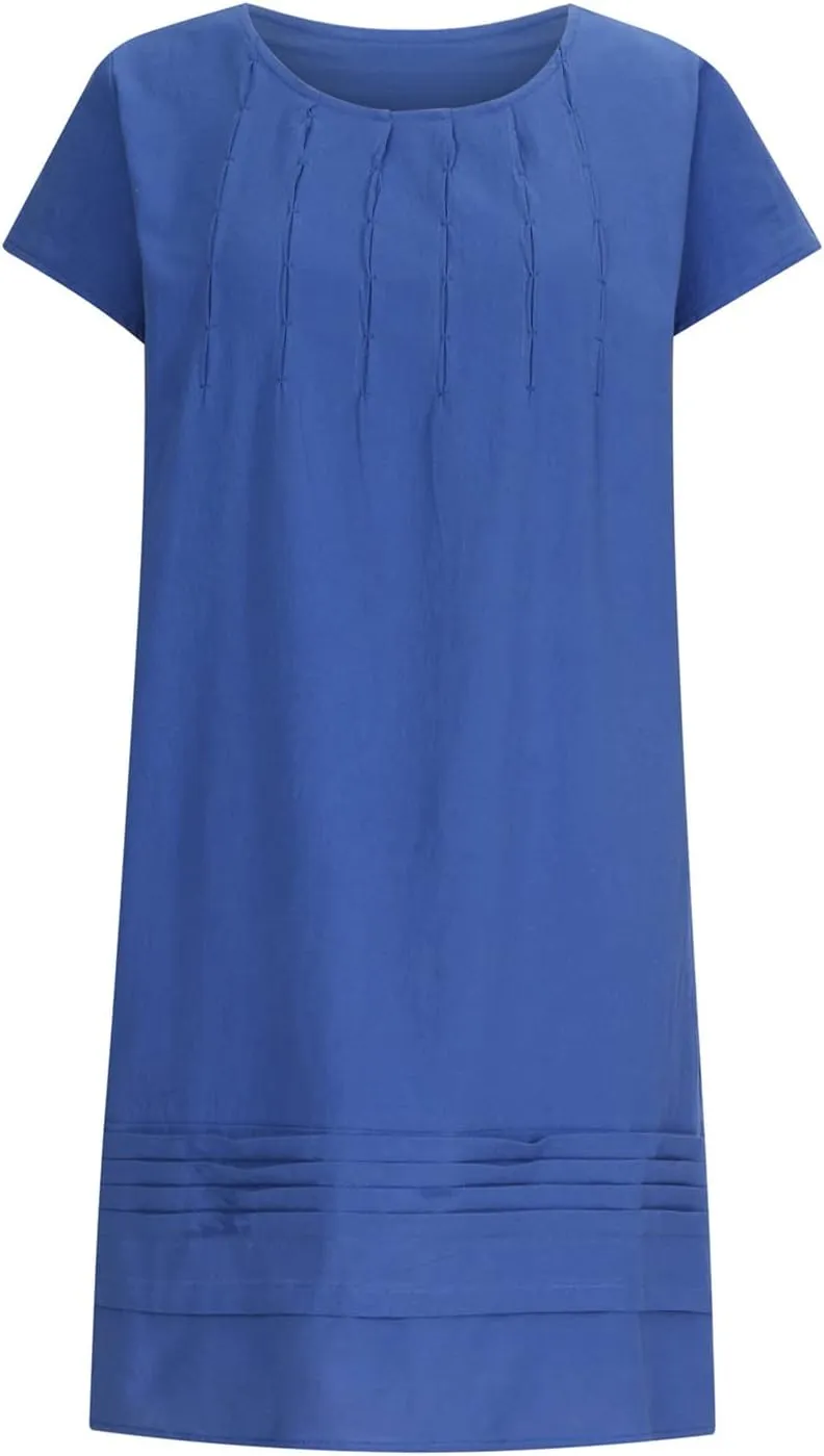 hlysgo Womens Casual Dresses 2025 Summer Loose Comfy Cotton Linen Pleated Dress Solid Short Sleeve Crew Neck Mini Dress