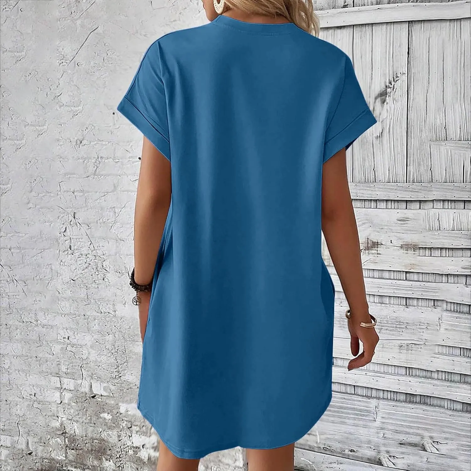 hlysgo Womens Summer Dresses 2025 Trendy Short Sleeve Crew Neck Mini Dress Casual Loose Fit Knee Length Dress with Pockets
