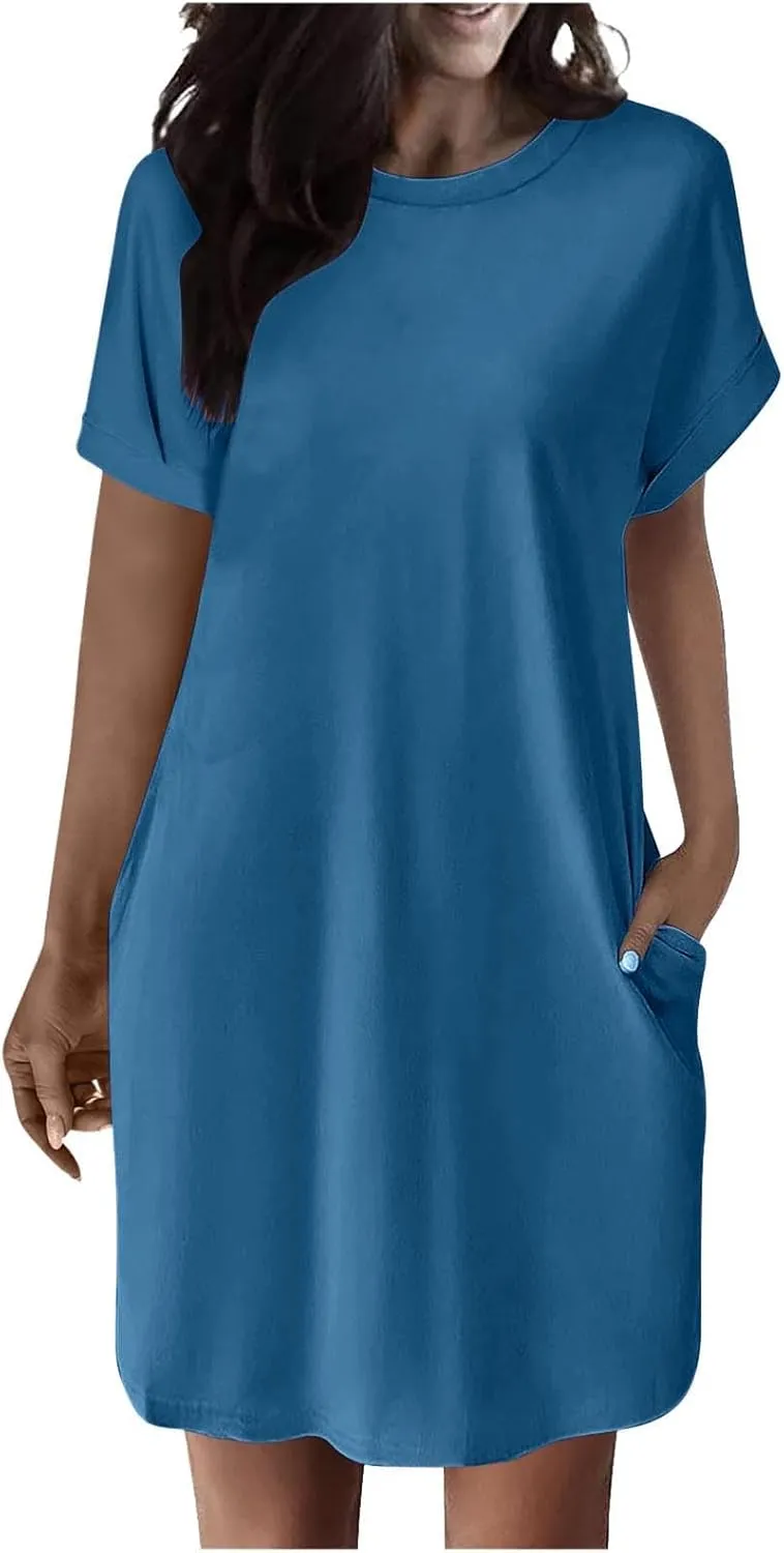 hlysgo Womens Summer Dresses 2025 Trendy Short Sleeve Crew Neck Mini Dress Casual Loose Fit Knee Length Dress with Pockets