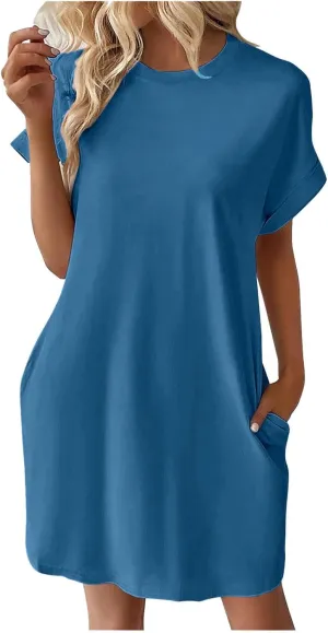 hlysgo Womens Summer Dresses 2025 Trendy Short Sleeve Crew Neck Mini Dress Casual Loose Fit Knee Length Dress with Pockets