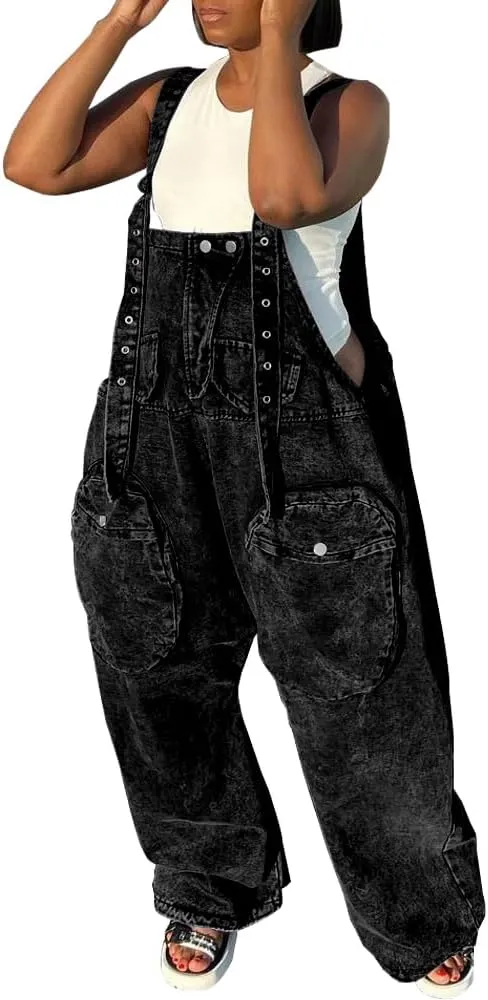 HTD Women's Bib Denim Overalls Loose Wide Leg Jean Jumpsuit With Cargo Pockets