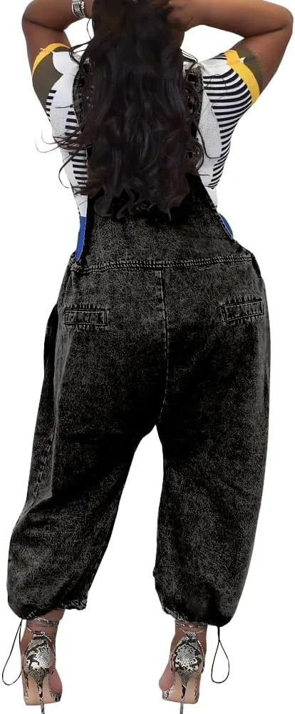 HTD Women's Bib Denim Overalls Loose Wide Leg Jean Jumpsuit With Cargo Pockets