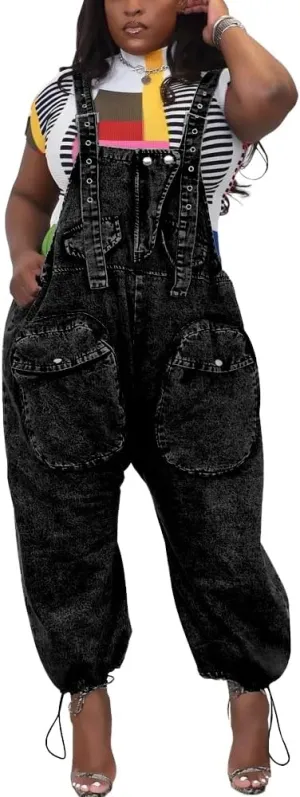 HTD Women's Bib Denim Overalls Loose Wide Leg Jean Jumpsuit With Cargo Pockets