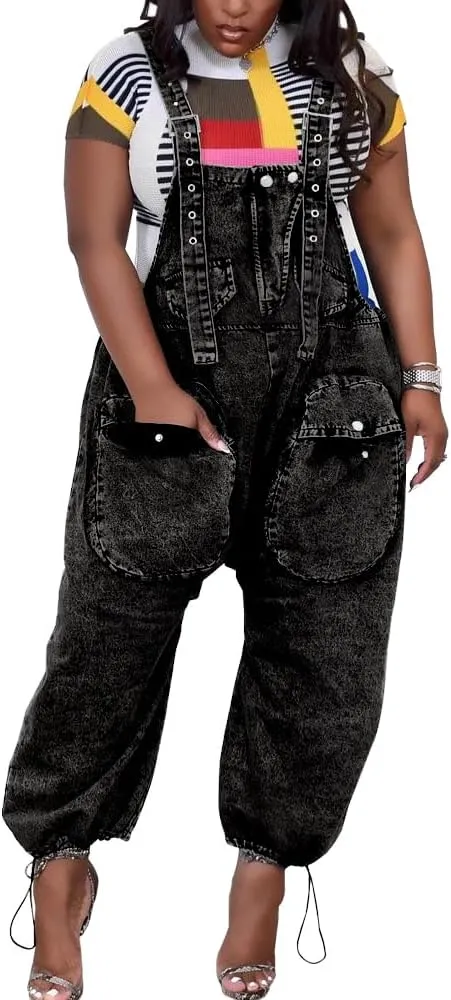 HTD Women's Bib Denim Overalls Loose Wide Leg Jean Jumpsuit With Cargo Pockets