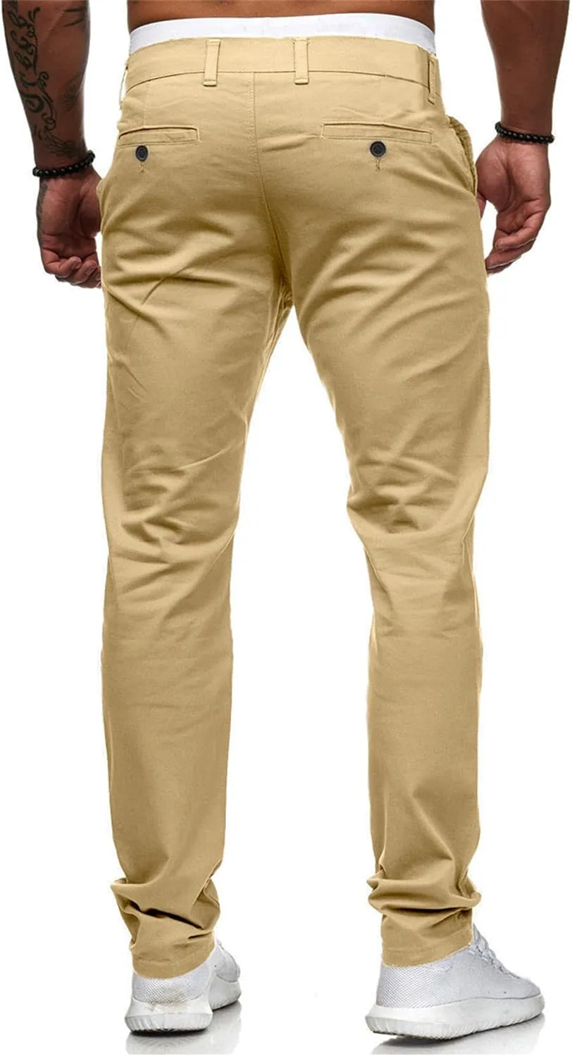 HUNGSON Mens Chinos Dress Pants Slim Straight Fit Flat-Front Golf Pants Casual Travel Slacks