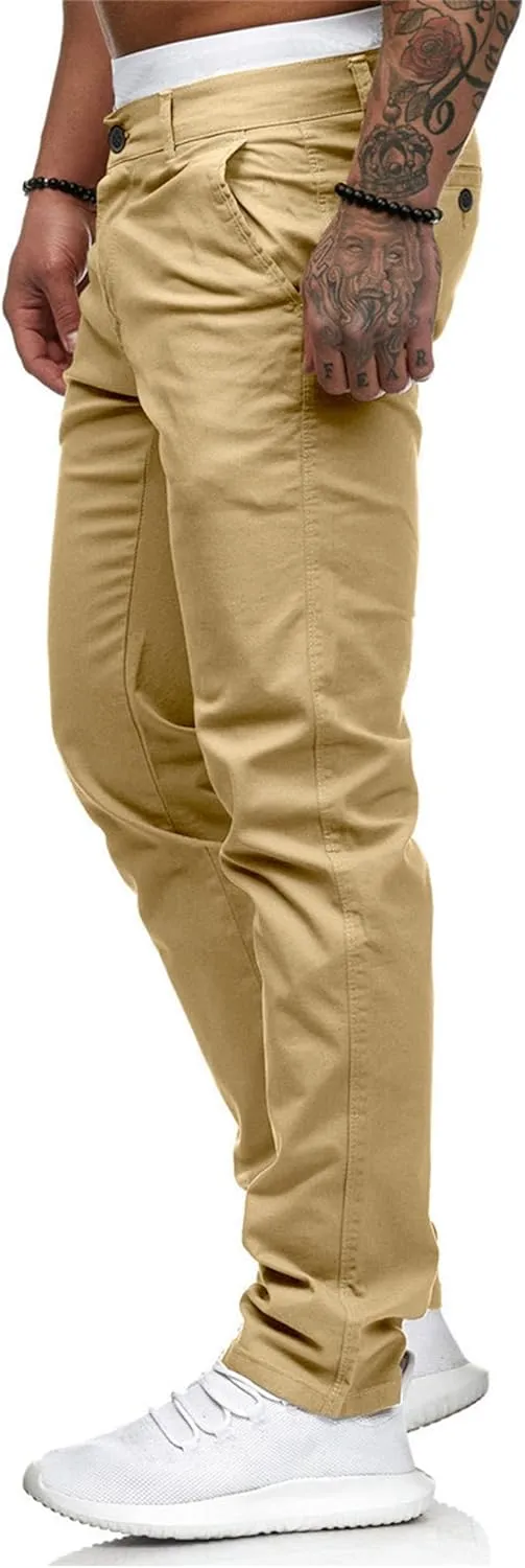 HUNGSON Mens Chinos Dress Pants Slim Straight Fit Flat-Front Golf Pants Casual Travel Slacks