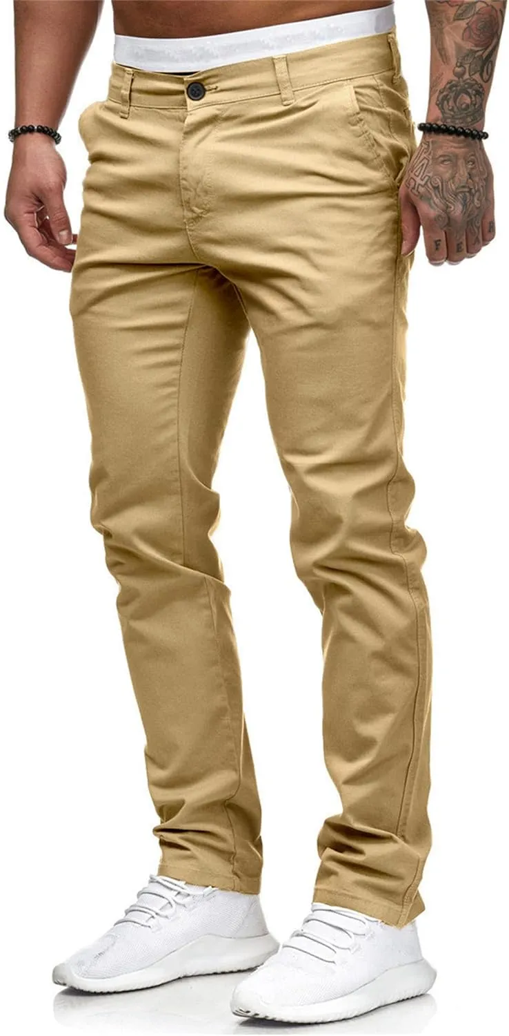 HUNGSON Mens Chinos Dress Pants Slim Straight Fit Flat-Front Golf Pants Casual Travel Slacks
