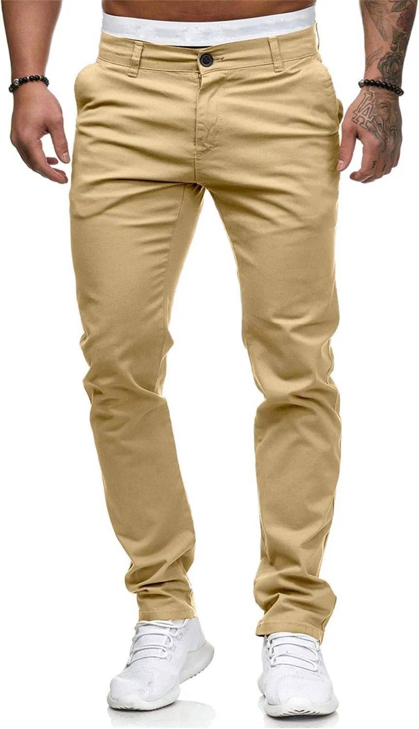 HUNGSON Mens Chinos Dress Pants Slim Straight Fit Flat-Front Golf Pants Casual Travel Slacks