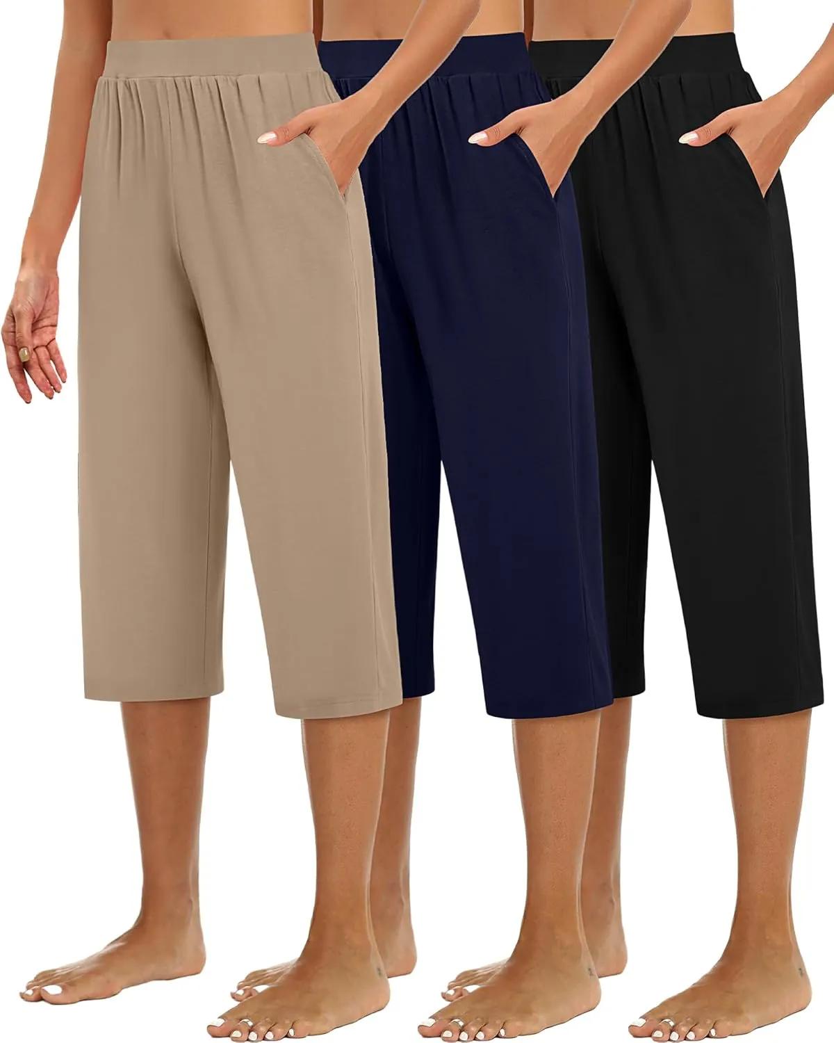 Huukeay 3 Pack Women's Capri Sweatpants, Cozy Wide Legs Cropped Capri with Pockets, Lounge Jogger Pants Workout Yoga Solid