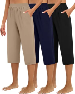 Huukeay 3 Pack Women's Capri Sweatpants, Cozy Wide Legs Cropped Capri with Pockets, Lounge Jogger Pants Workout Yoga Solid