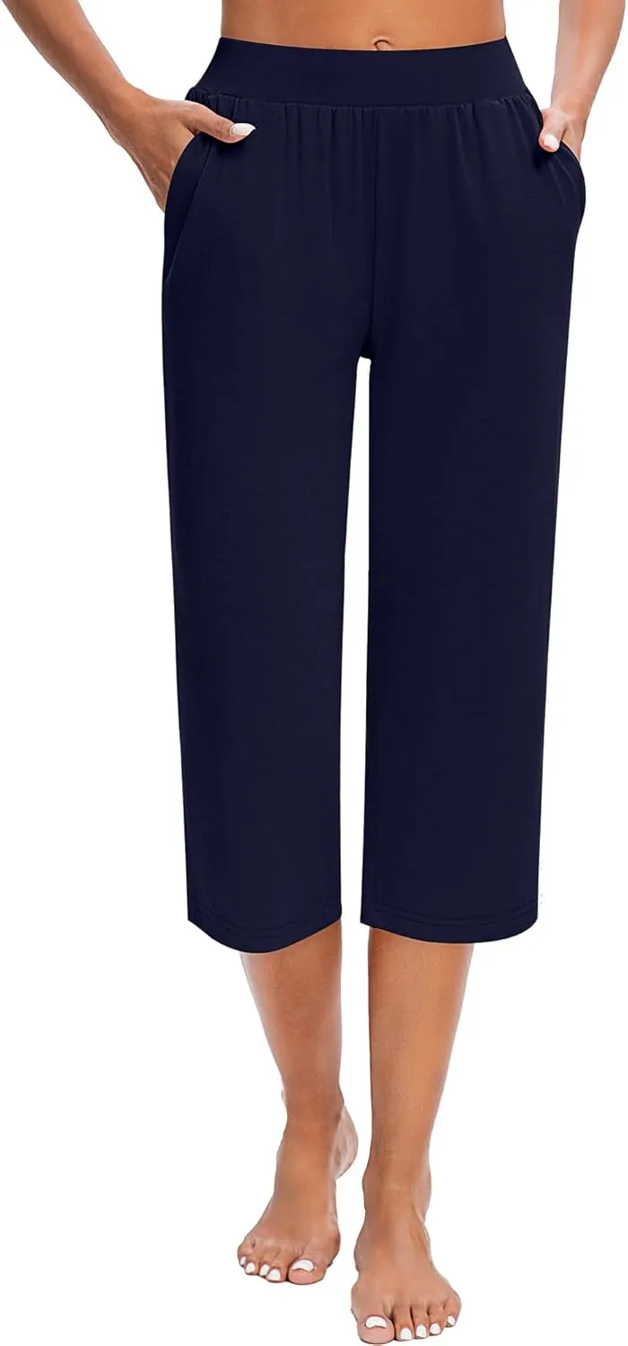 Huukeay 3 Pack Women's Capri Sweatpants, Cozy Wide Legs Cropped Capri with Pockets, Lounge Jogger Pants Workout Yoga Solid