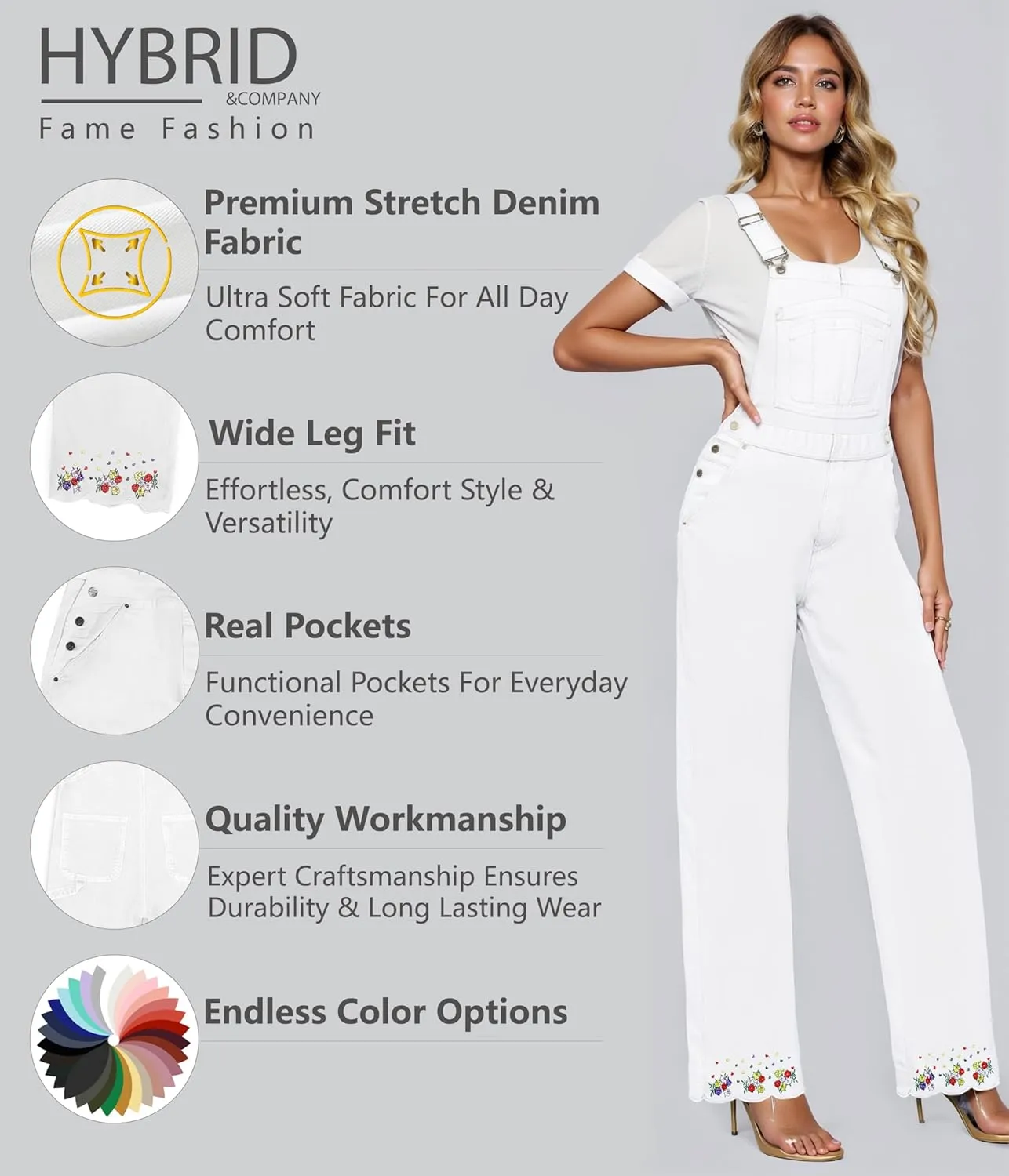 Hybrid & Company Womens Super Comfy Stretch Denim jumpsuit Pants Overalls