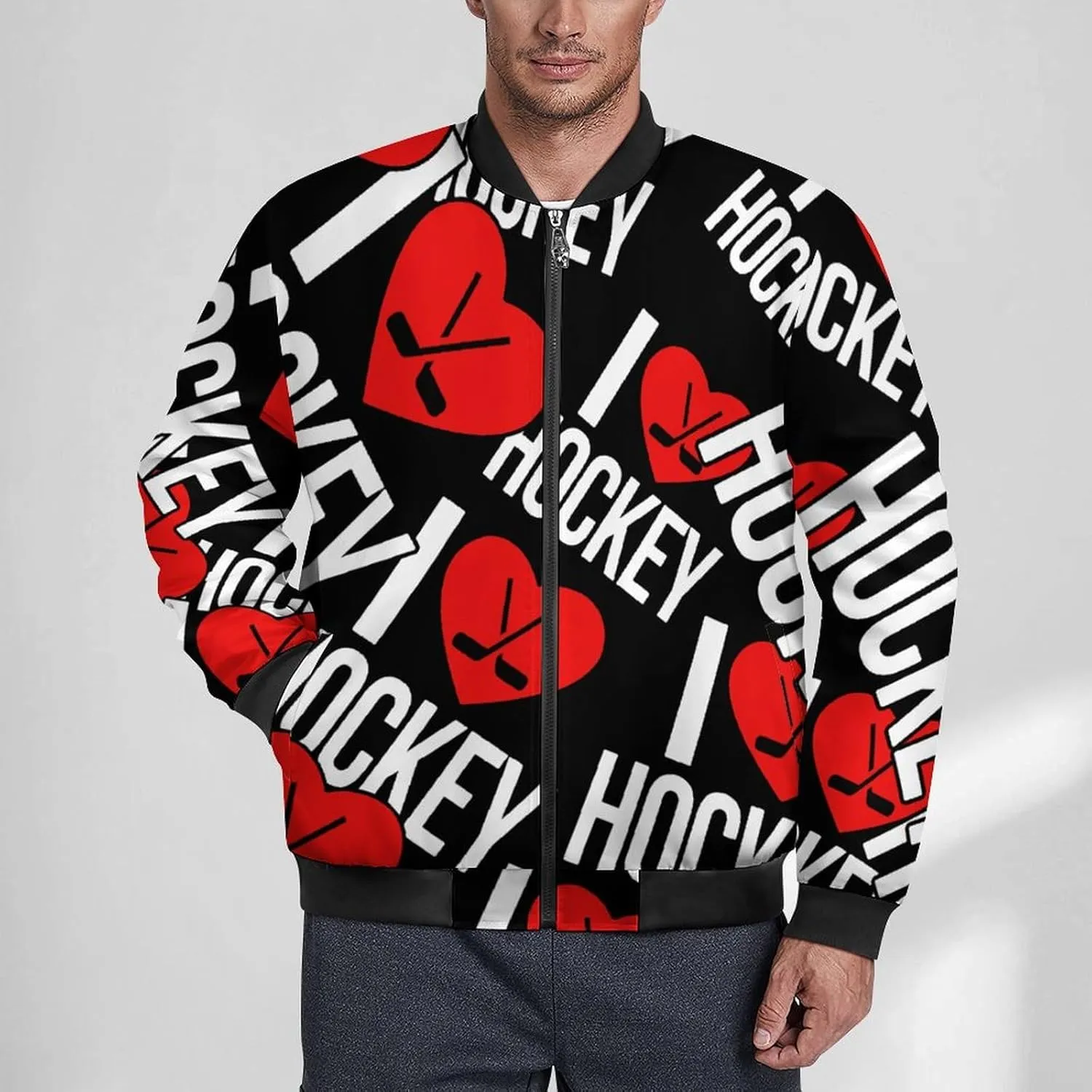 I Love Hockey Men's Bomber Jacket Lightweight Windbreaker Fashion Spring Fall Coats Casual Jackets for Men