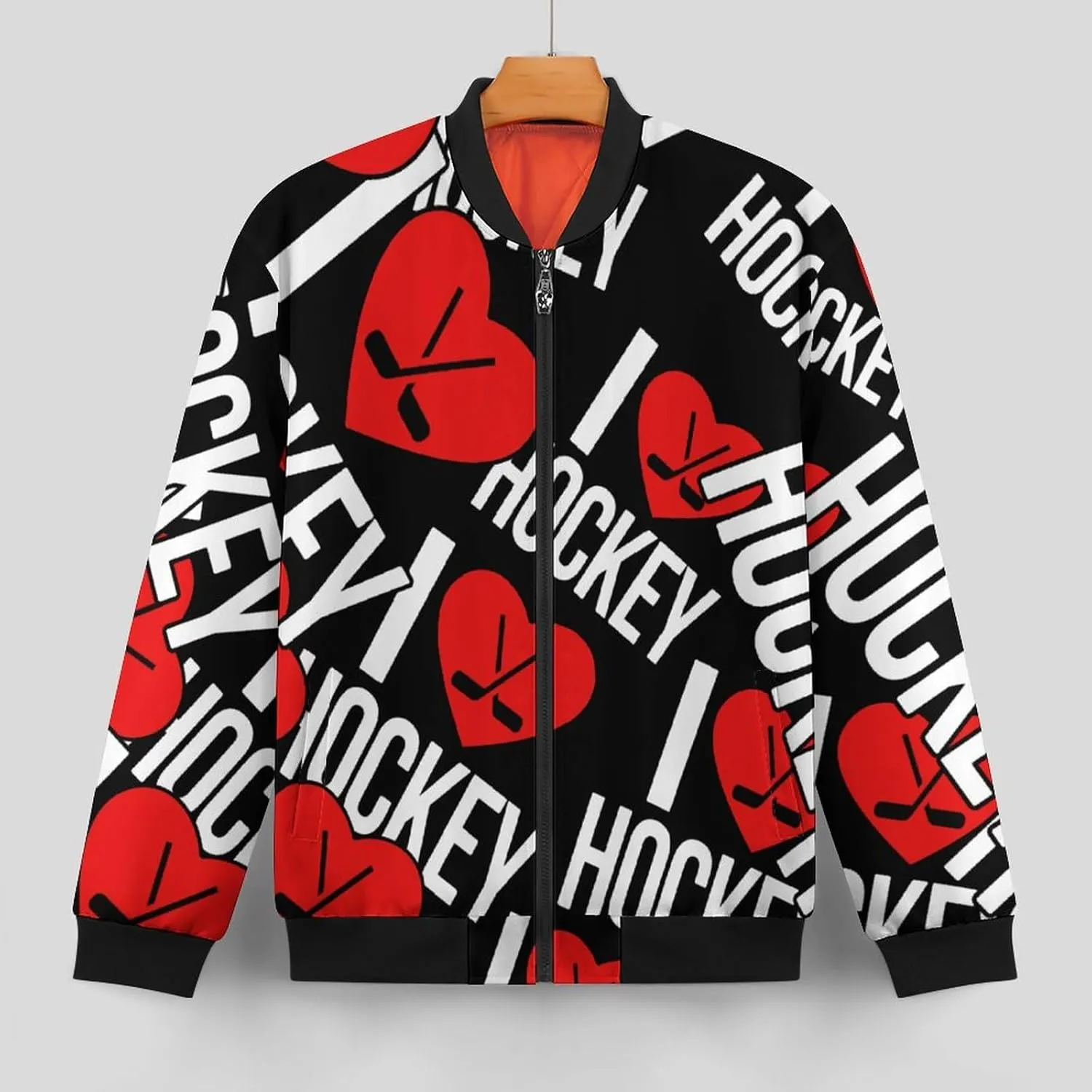 I Love Hockey Men's Bomber Jacket Lightweight Windbreaker Fashion Spring Fall Coats Casual Jackets for Men
