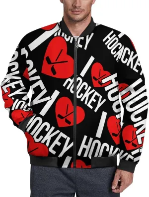 I Love Hockey Men's Bomber Jacket Lightweight Windbreaker Fashion Spring Fall Coats Casual Jackets for Men