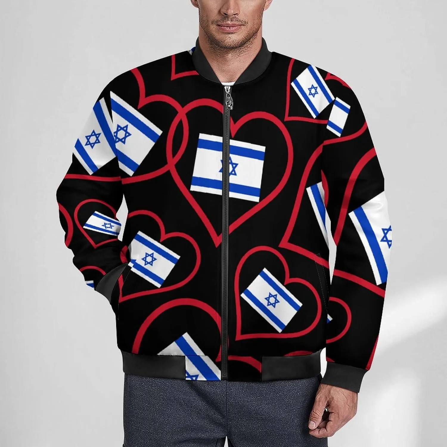I Love Israel Red-Heart Men's Bomber Jacket Lightweight Windbreaker Fashion Spring Fall Coats Casual Jackets for Men