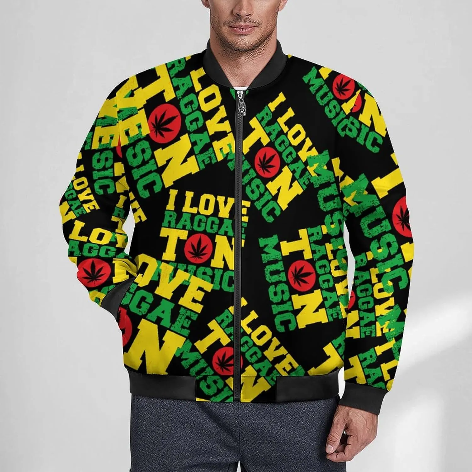 I Love Raggaeton Music Men's Bomber Jacket Lightweight Windbreaker Fashion Spring Fall Coats Casual Jackets for Men