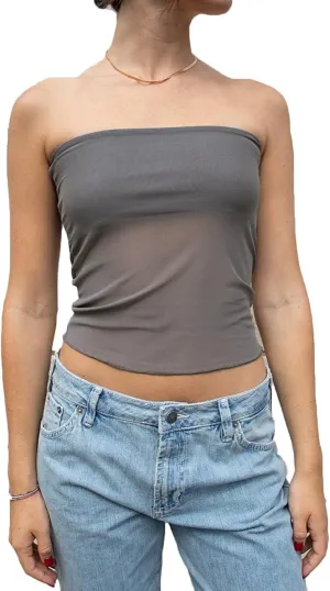 ICNGLKSND Women??s Strapless Lace Tube Tops Y2K Sheer Mesh Bandeau Crop Tanks Top Summer Sexy Camisole Shirt Clubwear