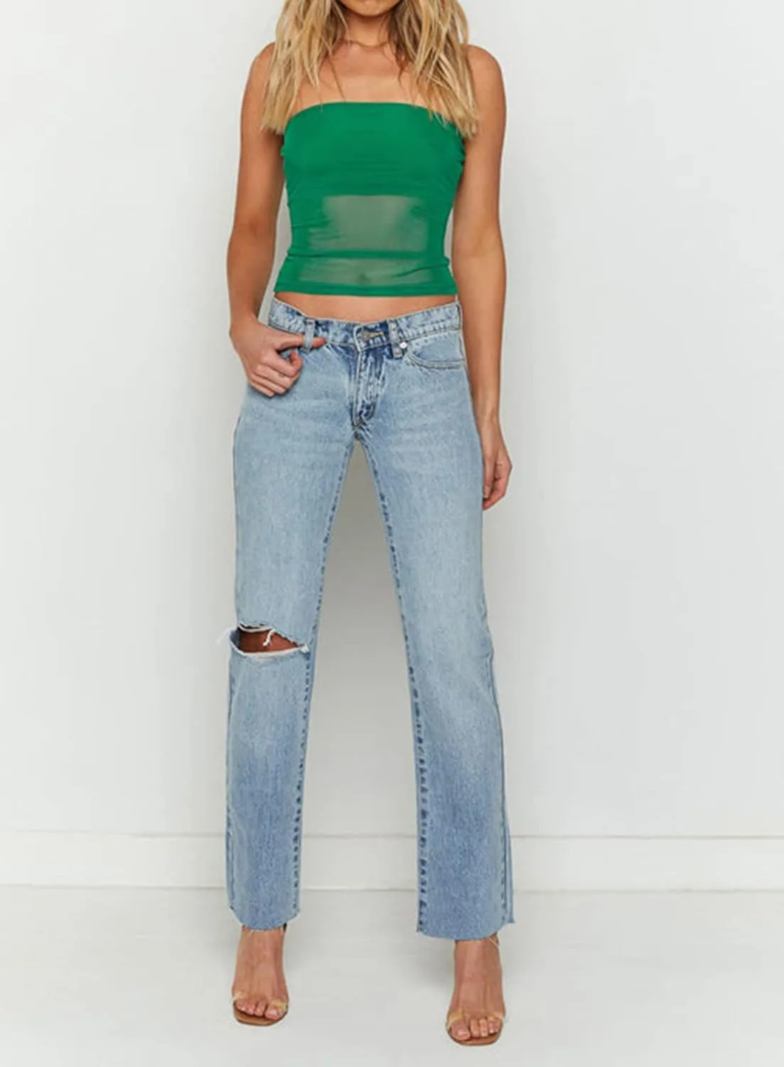 ICNGLKSND Women??s Strapless Lace Tube Tops Y2K Sheer Mesh Bandeau Crop Tanks Top Summer Sexy Camisole Shirt Clubwear