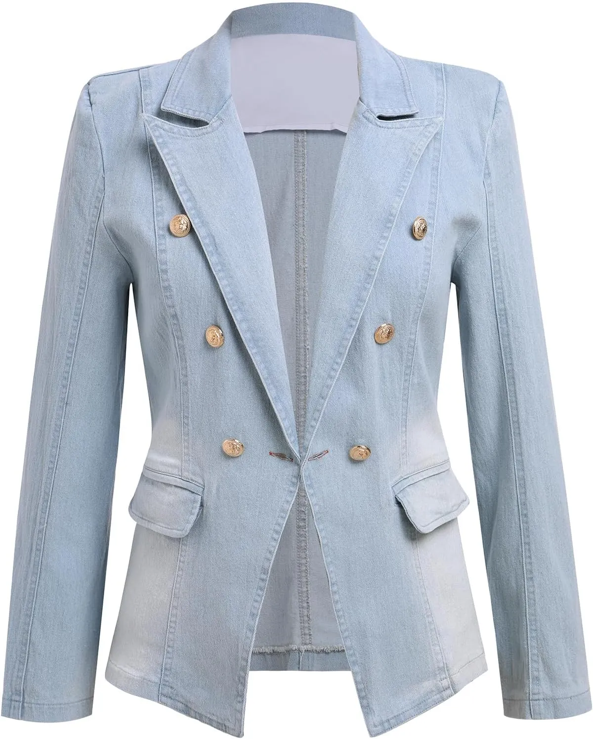 IDOPIP Denim Blazer Jacket for Women Long Sleeve Button Down Casual Work Office Jeans Blazer Open Front Cardigan Blazer Coat