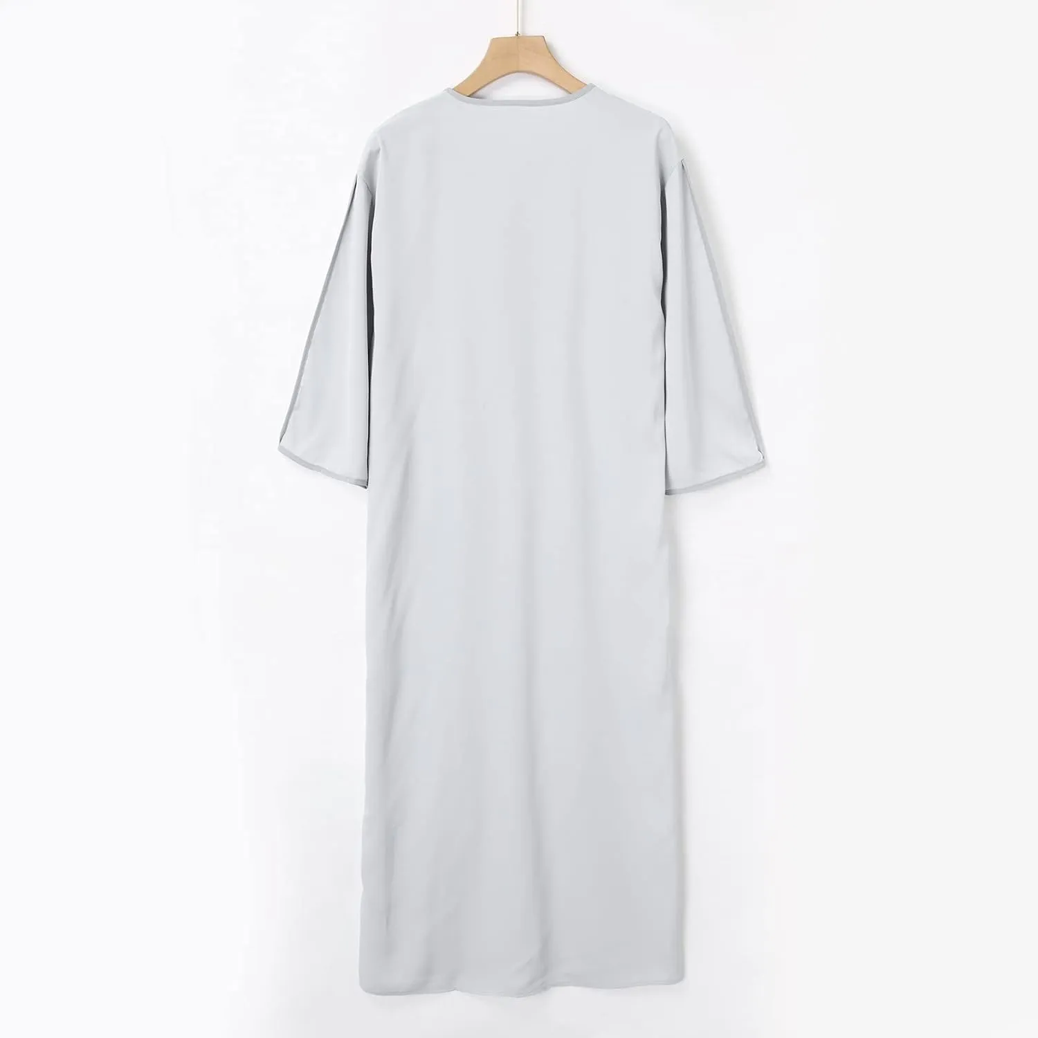 Jalabiya Men Long Sleeve V Neck Muslim Robe Kaftan Thobe with Pockets