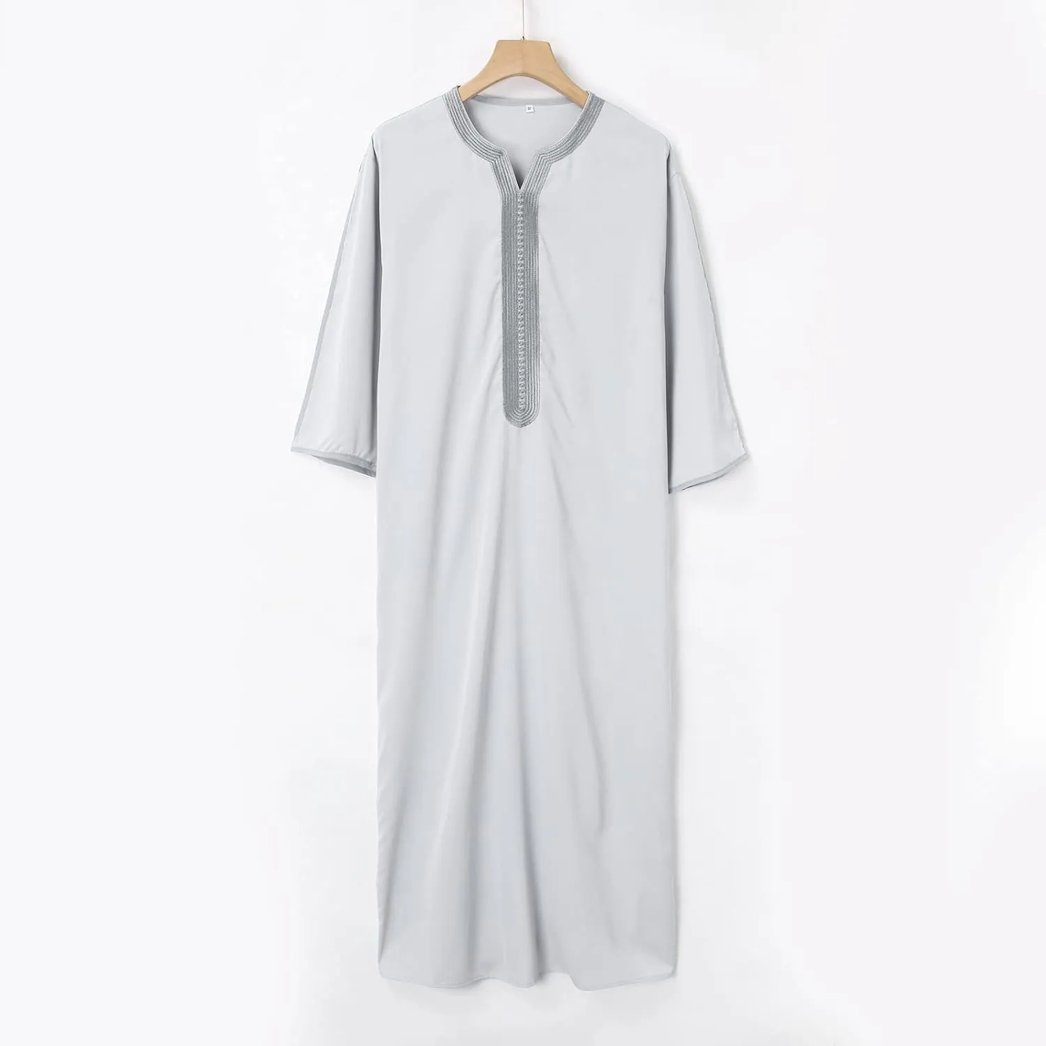 Jalabiya Men Long Sleeve V Neck Muslim Robe Kaftan Thobe with Pockets