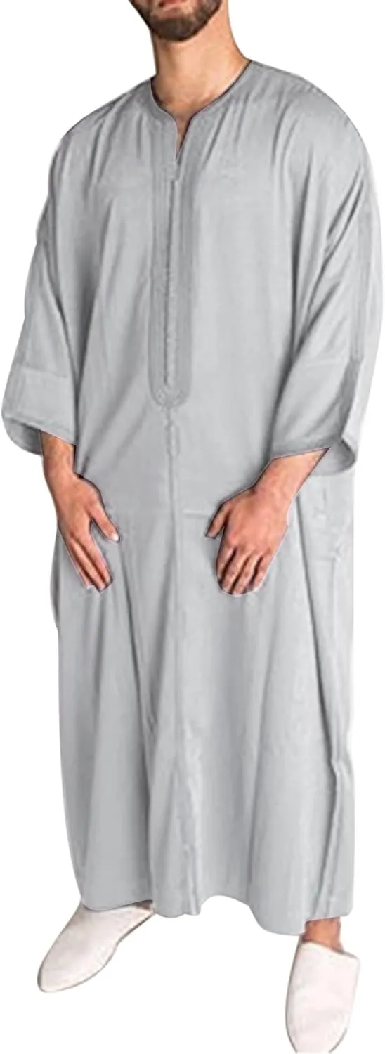 Jalabiya Men Long Sleeve V Neck Muslim Robe Kaftan Thobe with Pockets