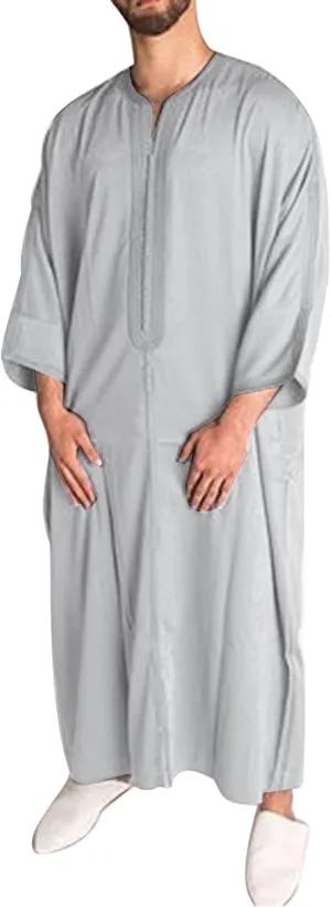 Jalabiya Men Long Sleeve V Neck Muslim Robe Kaftan Thobe with Pockets