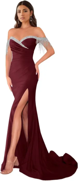 Jamille Off The Shoulder Prom Dress Long Fringe Formal Dresses 2025 for Women Strapless Gowns with Train Slit Beaded JA0070