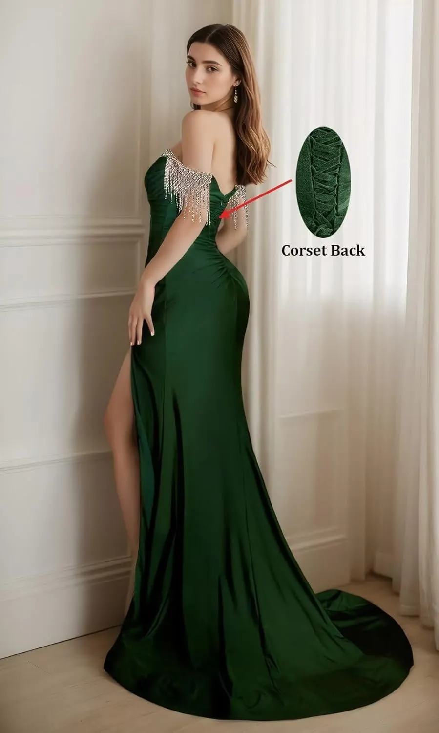 Jamille Off The Shoulder Prom Dress Long Fringe Formal Dresses 2025 for Women Strapless Gowns with Train Slit Beaded JA0070