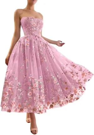 Jamille Tea Length Prom Dress with Pocket Strapless Dloral Gown Ball Gowns Tulle Formal Evening Dress Sleeveless JA0011