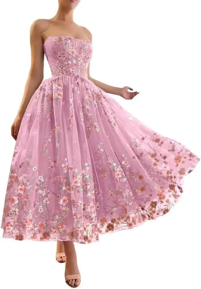 Jamille Tea Length Prom Dress with Pocket Strapless Dloral Gown Ball Gowns Tulle Formal Evening Dress Sleeveless JA0011