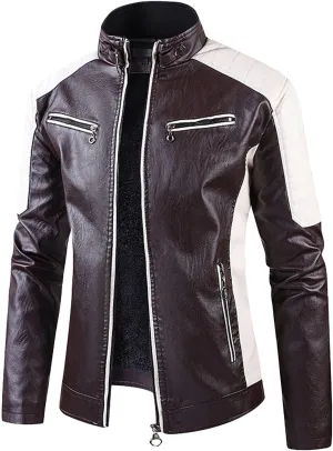JEsilunmaMY Men's Slimming Leather Jackets Stand Collar Zip Up Casual Bomber Jacket Fleece Lined Warm Motorcycle Biker Coat