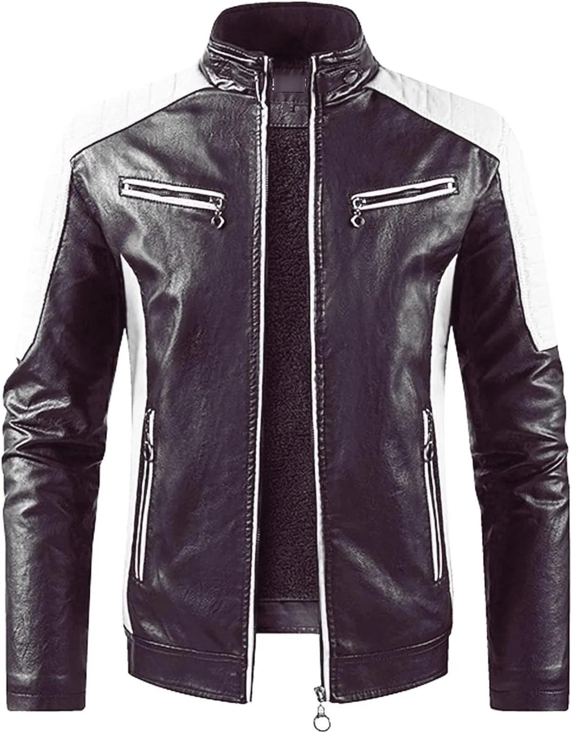 JEsilunmaMY Men's Slimming Leather Jackets Stand Collar Zip Up Casual Bomber Jacket Fleece Lined Warm Motorcycle Biker Coat