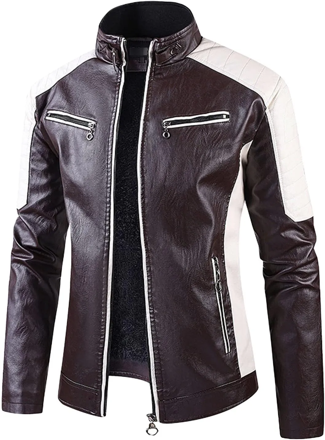 JEsilunmaMY Men's Slimming Leather Jackets Stand Collar Zip Up Casual Bomber Jacket Fleece Lined Warm Motorcycle Biker Coat