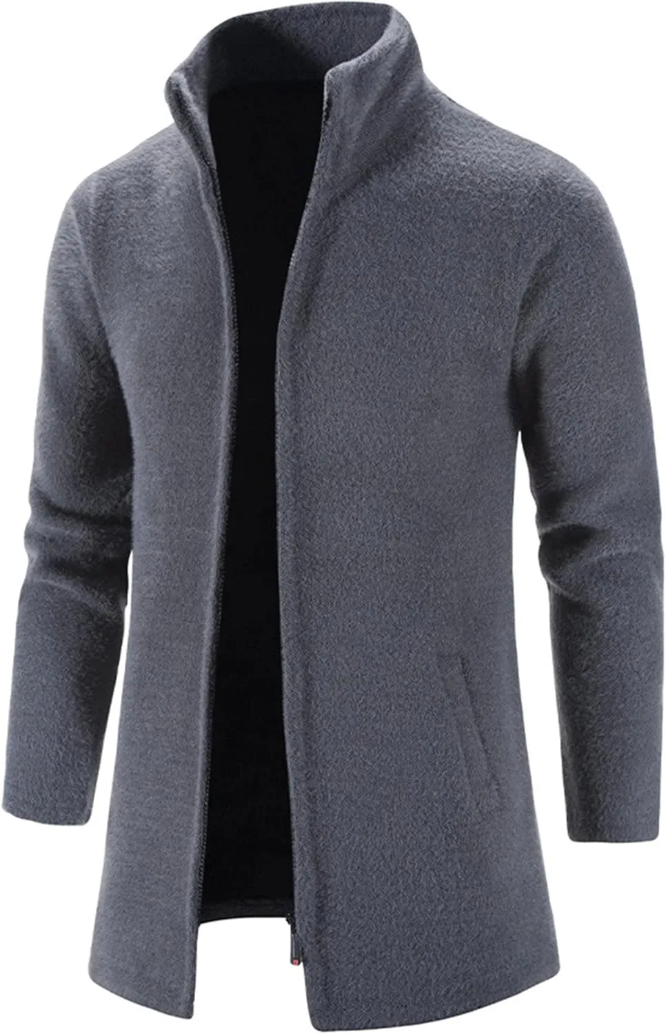 JEsilunmaMY Mens Stand Collar Zipper Warm Cardigan Long Sleeve Fall Winter Open Front Overcoat Solid Color Fleece Trench Coat