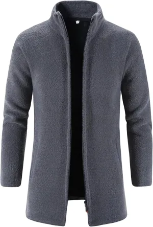 JEsilunmaMY Mens Stand Collar Zipper Warm Cardigan Long Sleeve Fall Winter Open Front Overcoat Solid Color Fleece Trench Coat