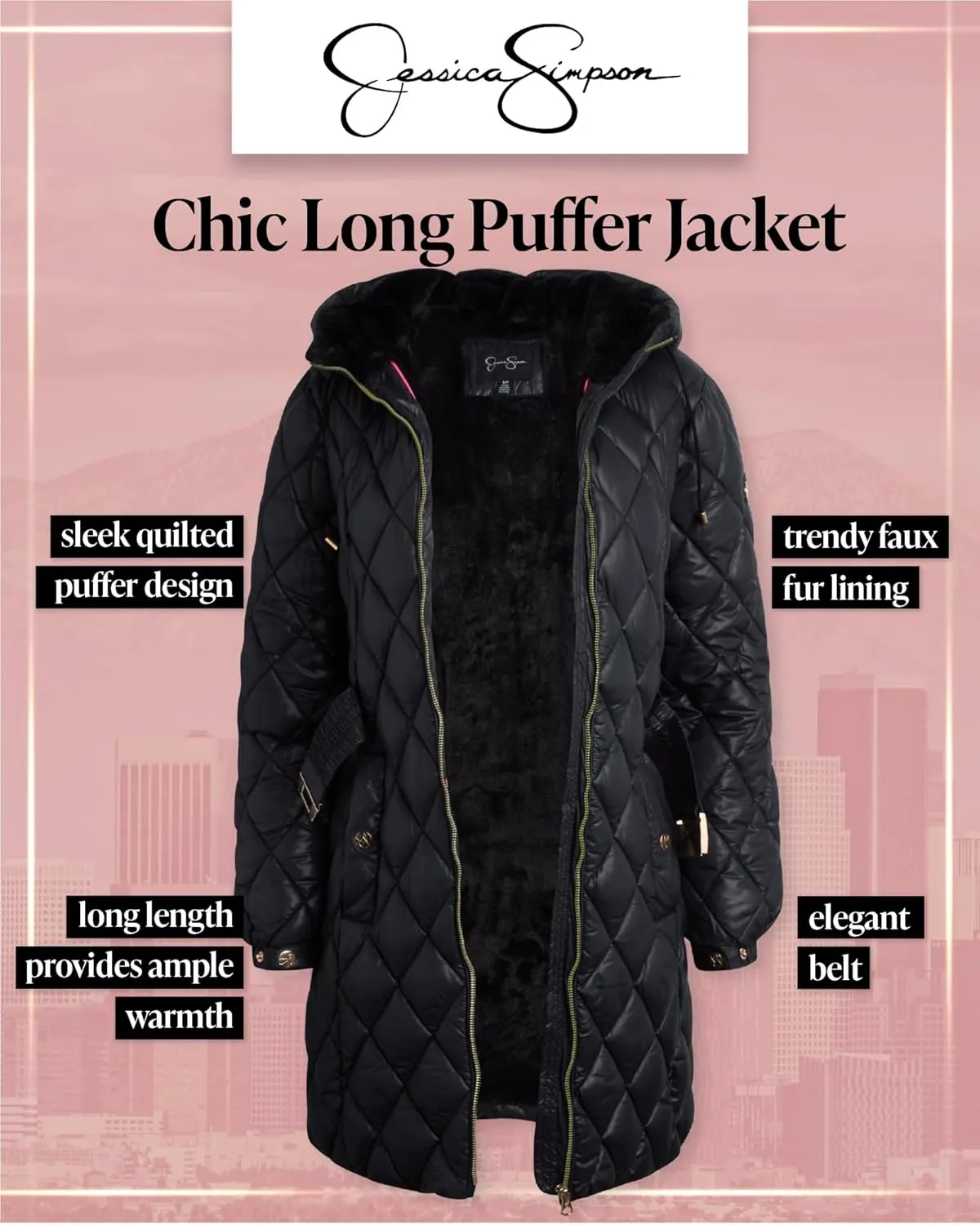 Jessica Simpson Women's Long Puffer Coat - Belted Faux Fur Lined Hooded Winter Coat - Quilted Puffer Jackets for Women (S-XL)