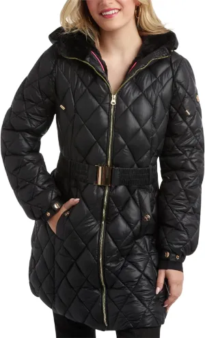 Jessica Simpson Women's Long Puffer Coat - Belted Faux Fur Lined Hooded Winter Coat - Quilted Puffer Jackets for Women (S-XL)