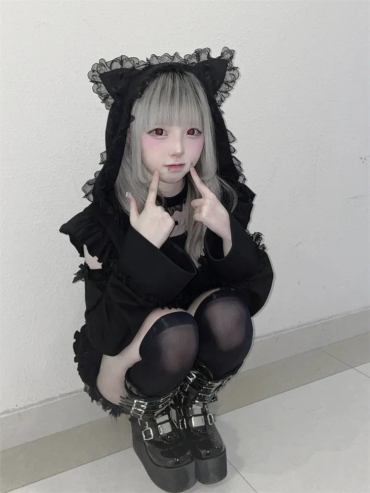 Jirai Kei Black And White Hoodie Cat Ears Hoodie Set