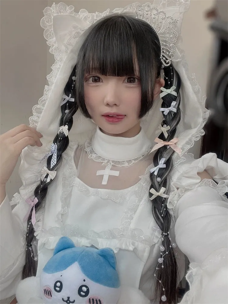 Jirai Kei Black And White Hoodie Cat Ears Hoodie Set