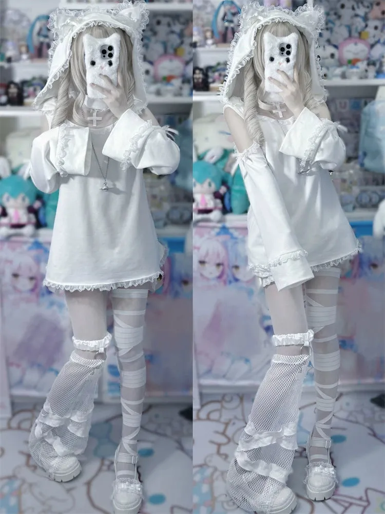 Jirai Kei Black And White Hoodie Cat Ears Hoodie Set