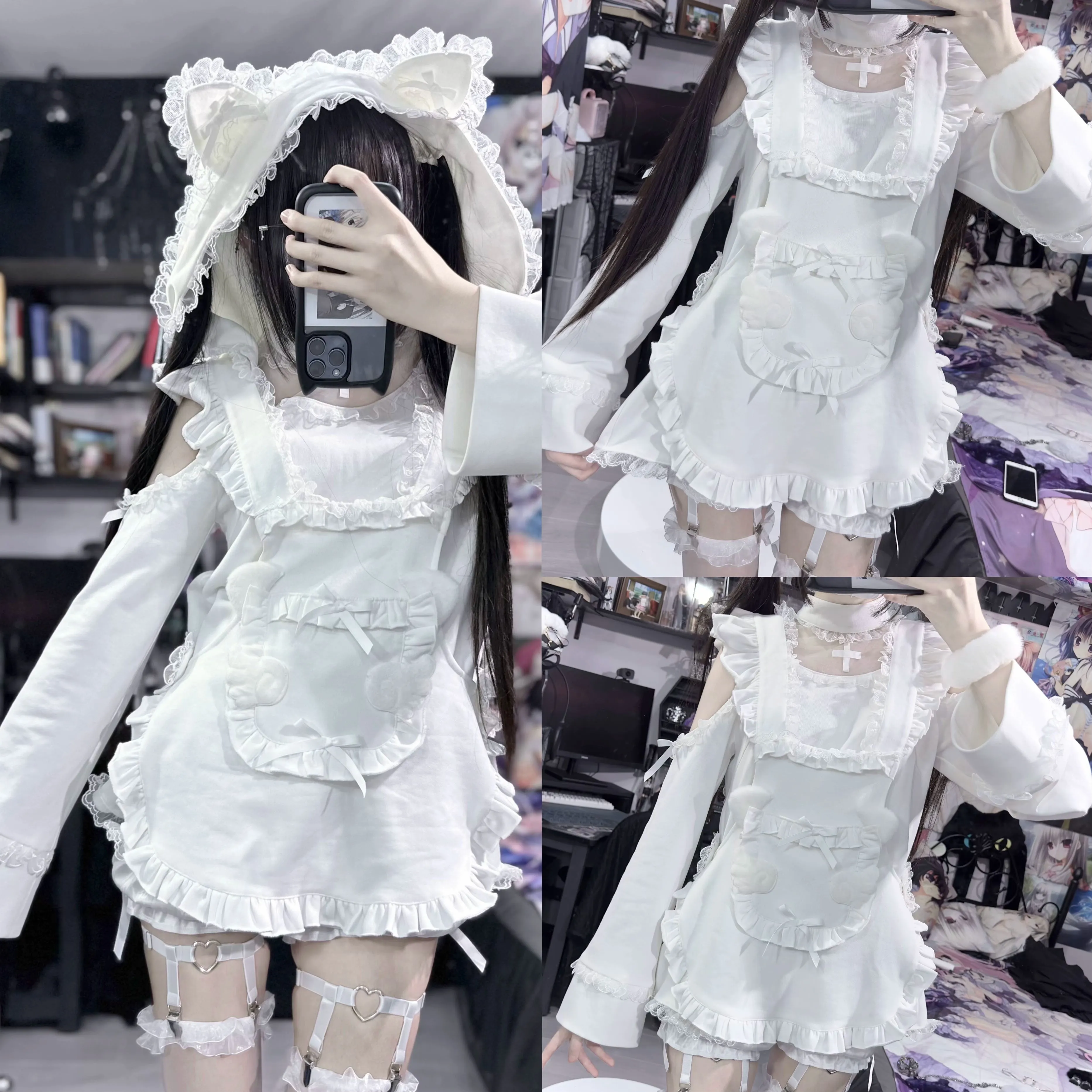 Jirai Kei Black And White Hoodie Cat Ears Hoodie Set