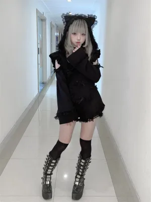 Jirai Kei Black And White Hoodie Cat Ears Hoodie Set