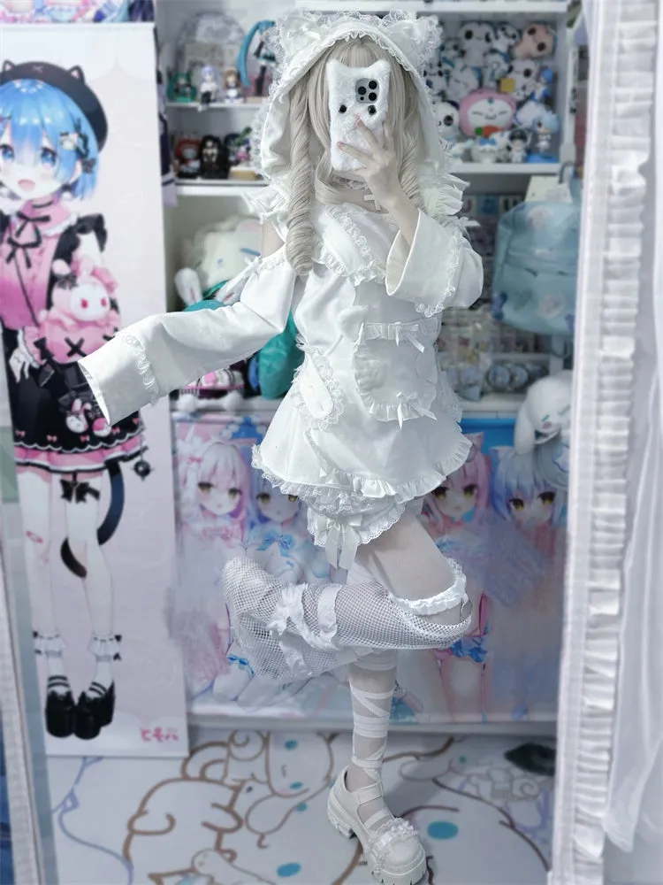 Jirai Kei Black And White Hoodie Cat Ears Hoodie Set