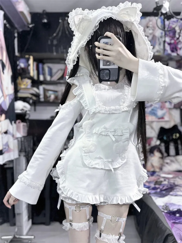 Jirai Kei Black And White Hoodie Cat Ears Hoodie Set