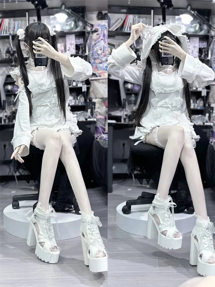 Jirai Kei Black And White Hoodie Cat Ears Hoodie Set