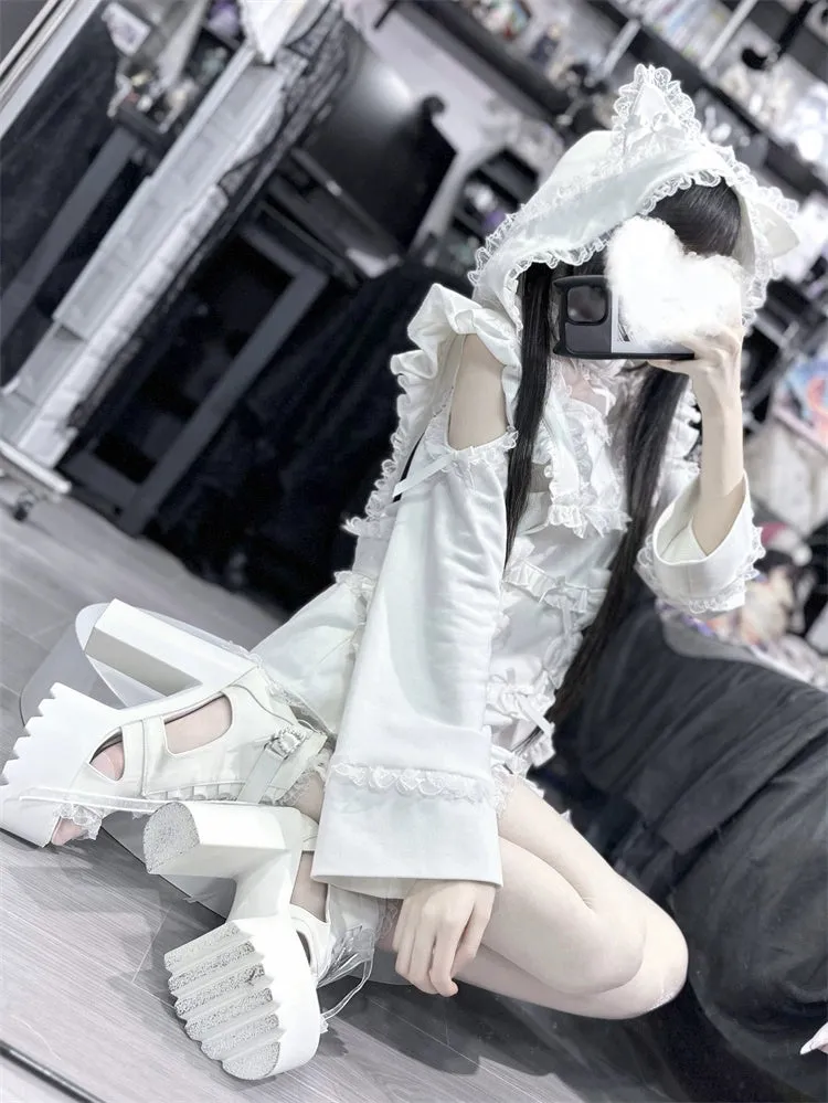 Jirai Kei Black And White Hoodie Cat Ears Hoodie Set